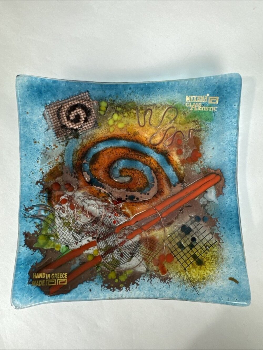 Mixaha Greek Blue Fused Art Glass Dish Handcrafted in Greece vintage multicolor
